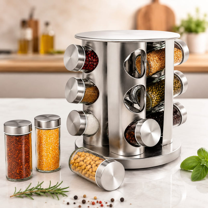 Porta Temperos e Condimentos Giratório em Inox