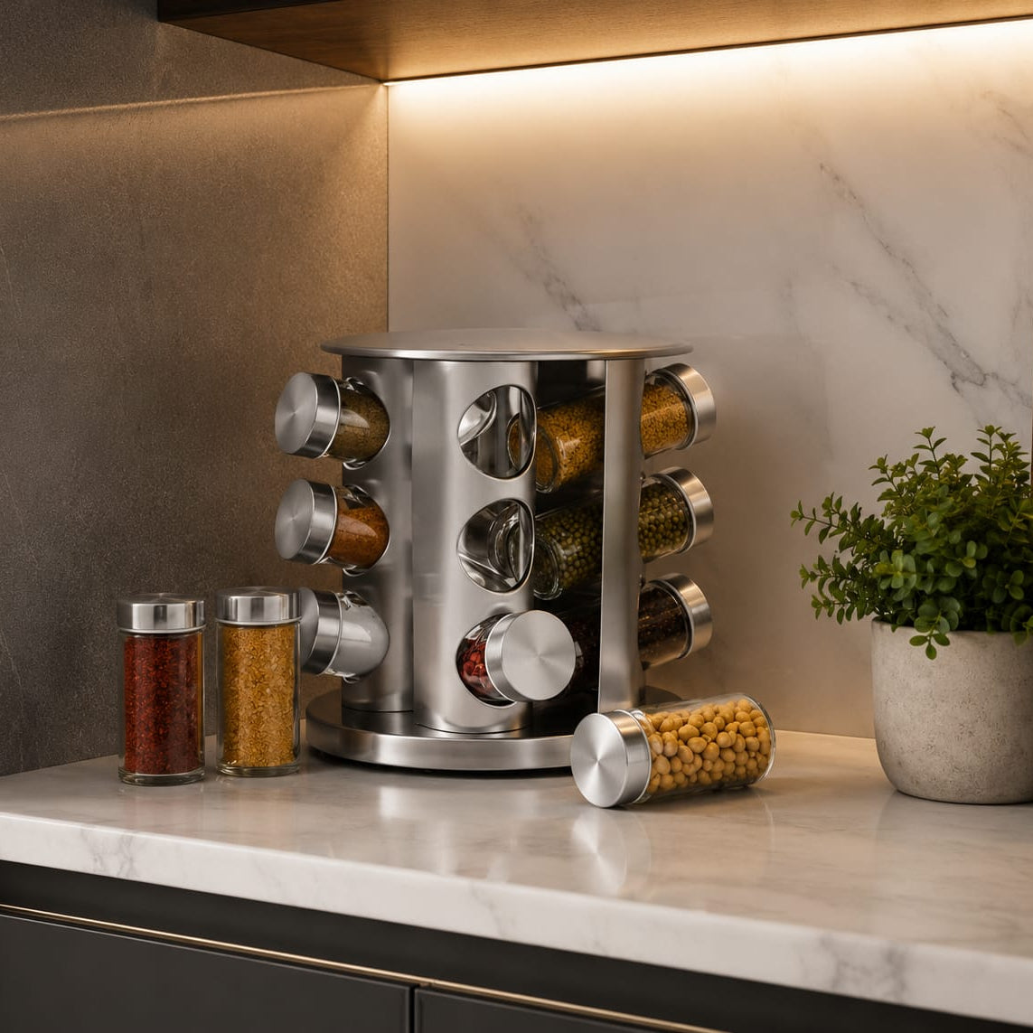 Porta Temperos e Condimentos Giratório em Inox - Entrega Grátis