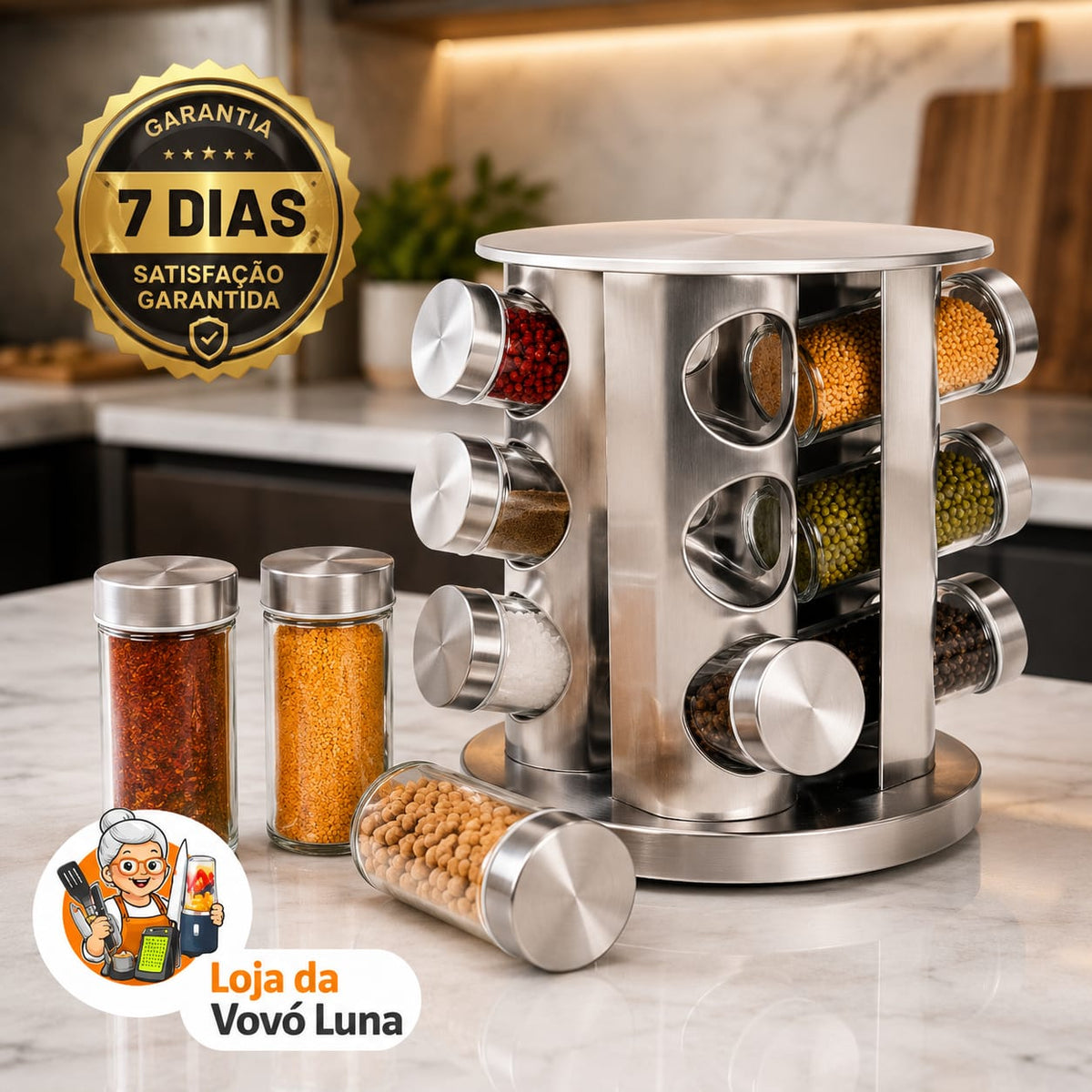 Porta Temperos e Condimentos Giratório em Inox - Entrega Grátis