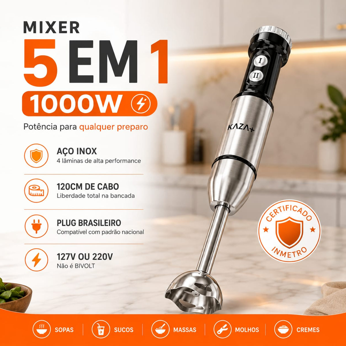 Mixer 5 em 1 Inox 1000W - 110V ou 220V - Entrega Grátis