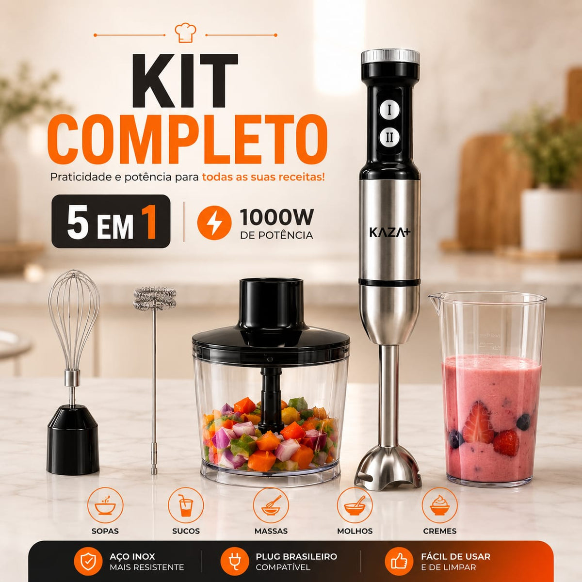 Mixer 5 em 1 Inox 1000W - 110V ou 220V - Entrega Grátis