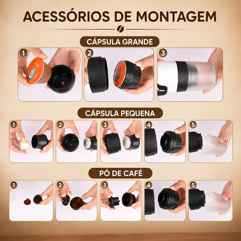 Cafeteira Portátil 3 em 1 - Expresso Elétrica Recarregável para Cápsulas e Café Moído -Entrega Grátis