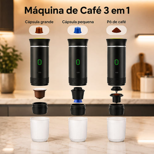 Cafeteira Portátil 3 em 1 - Expresso Elétrica Recarregável para Cápsulas e Café Moído -Entrega Grátis