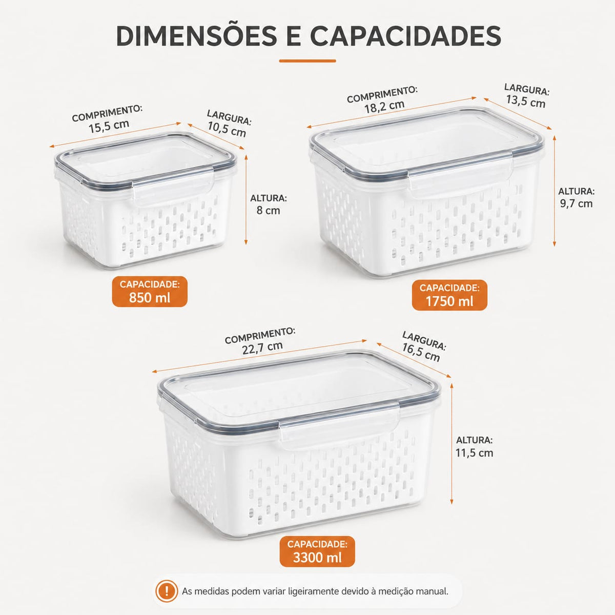 Kit Recipientes para Separar e Conservar Frutas e Verduras Próprios para Geladeira - Entrega Grátis