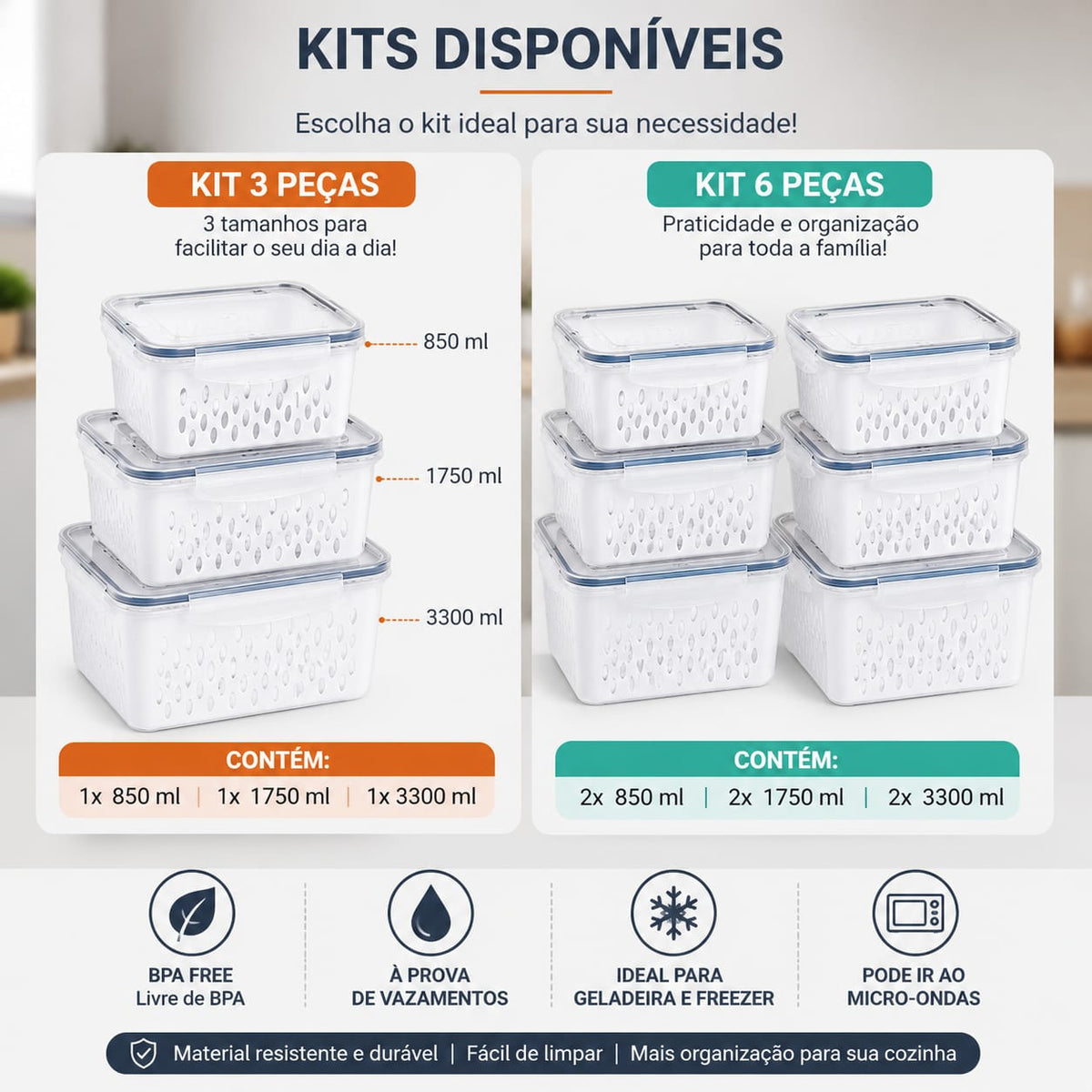Kit Recipientes para Separar e Conservar Frutas e Verduras Próprios para Geladeira - Entrega Grátis
