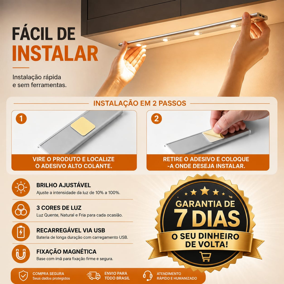 Lâmpada LED Inteligente em 3 Cores Recarregável - Entrega Grátis