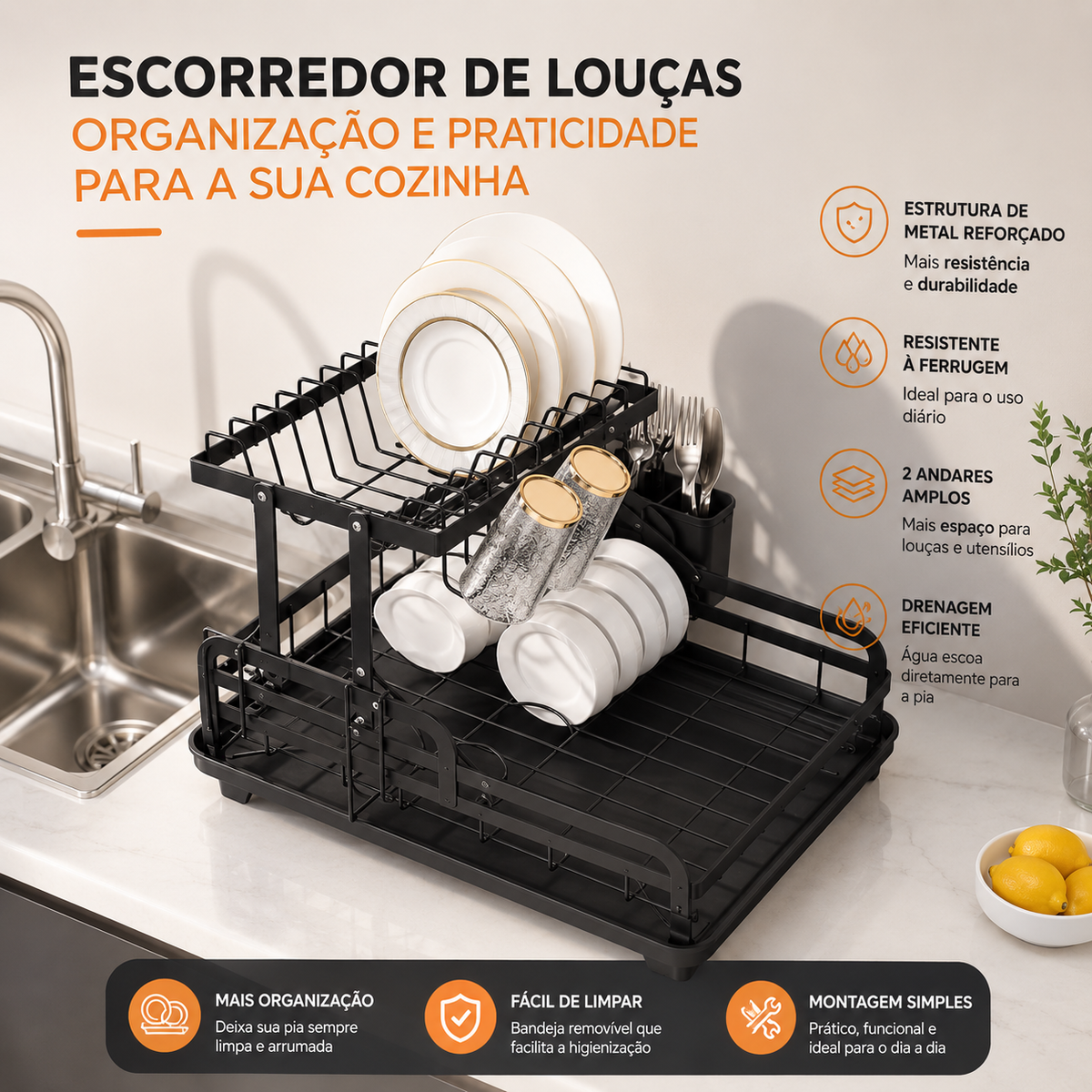 Escorredor de Louças Em Aço Carbono Anti-Ferrugem - Entrega Grátis