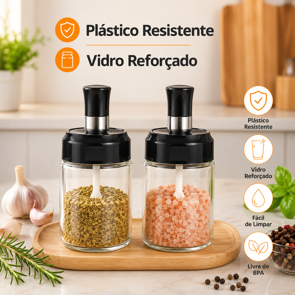 Kit Porta Temperos e Condimentos de Vidro com Tampa e Colher Embutida - Entrega Grátis