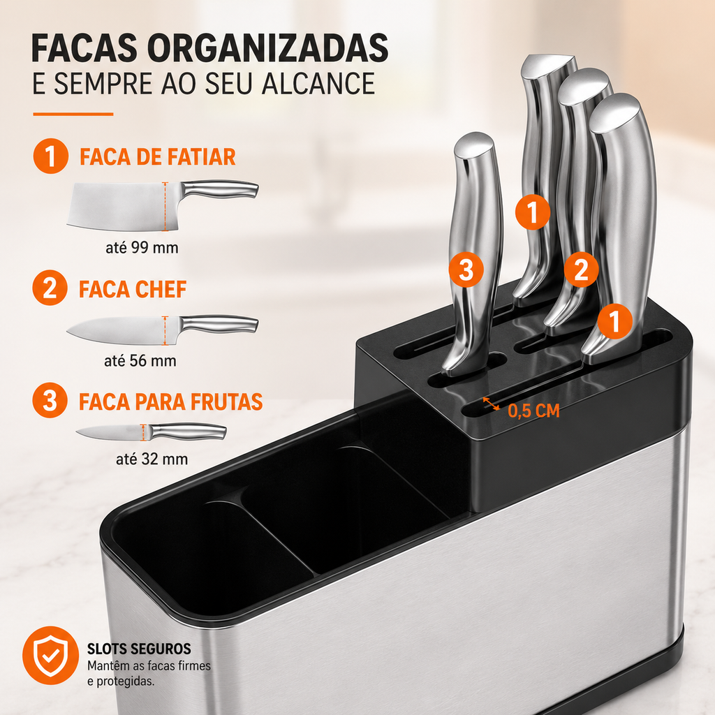 Porta Facas e Talheres Premium em Aço Inoxidável - Entrega Grátis